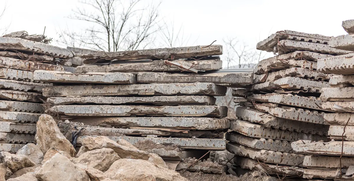 Stacked recycled concrete blocks and aggregate materials